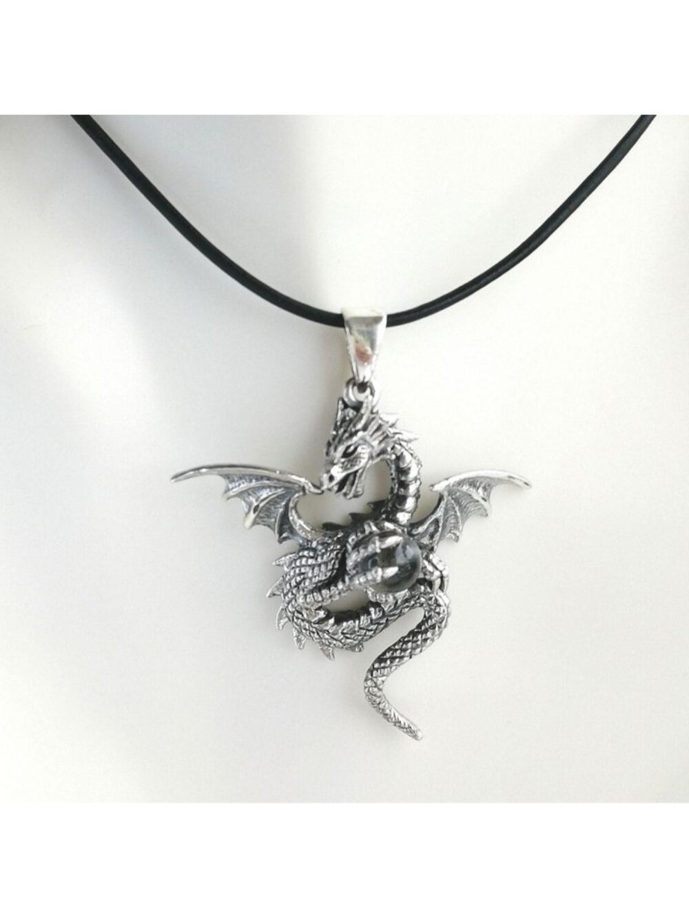 Flying Dragon quartz ball sterling silver pendant necklace Goth